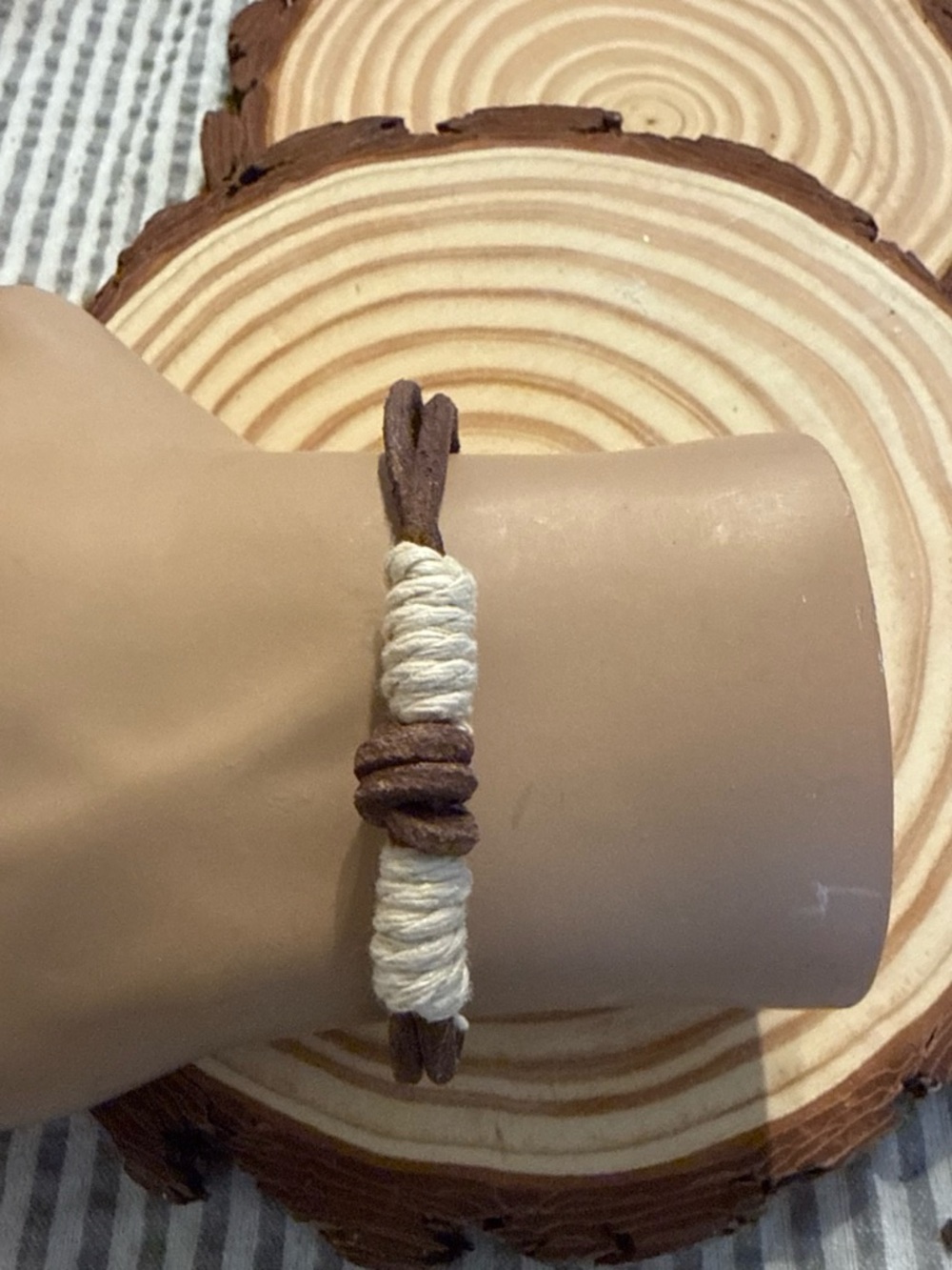 Men's Brown Leather and Cream Cord Braided Bracelet
